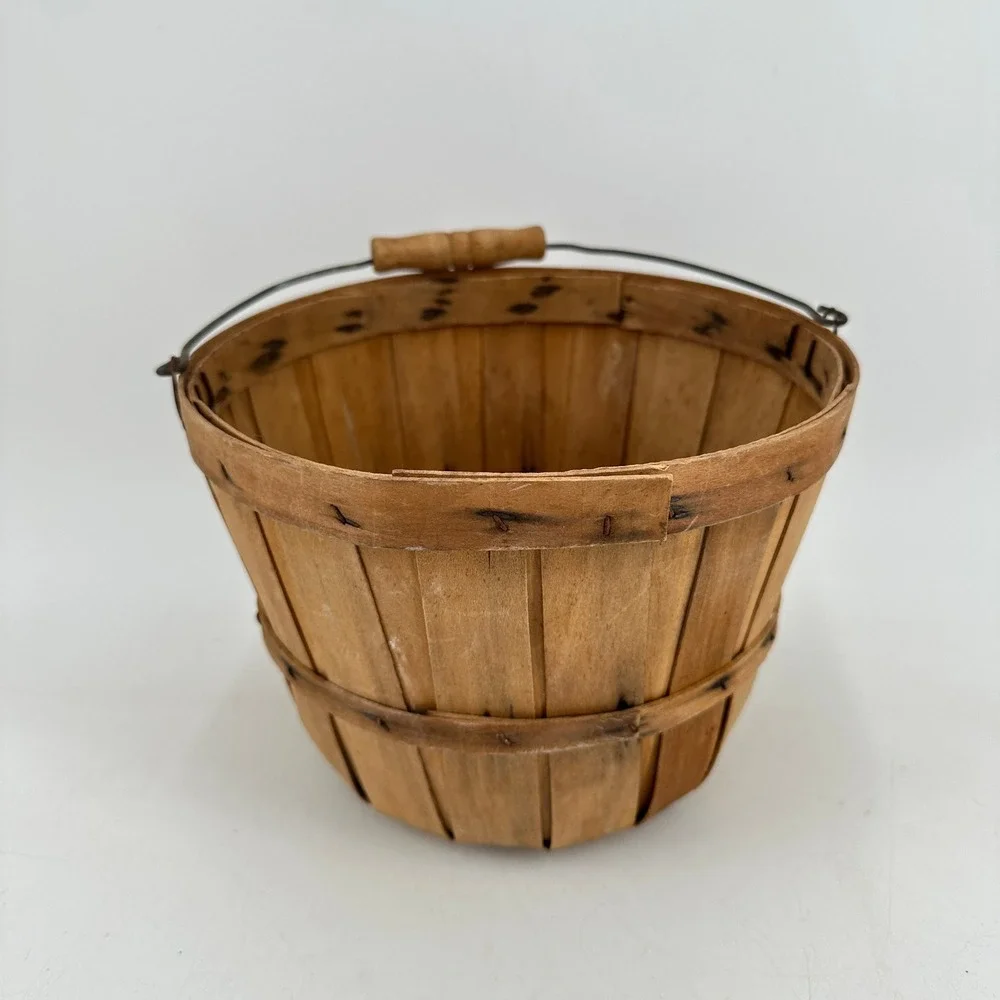 Vintage Wooden Slat Bushel Basket with Wire Handle Rustic Farmhouse Decor